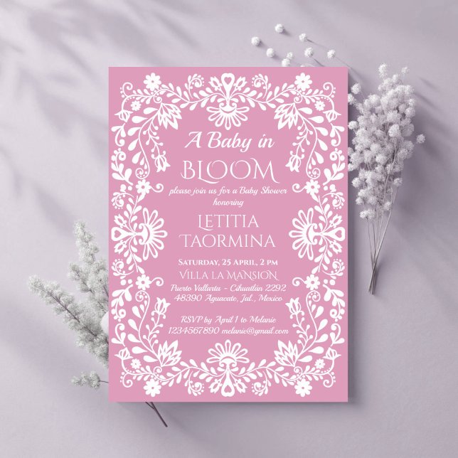 Convites Bebê no chá de fraldas mexicano cor-de-rosa empoei (Baby in bloom dusty pink Mexican baby shower Invitation cards template pink baby girl invites)