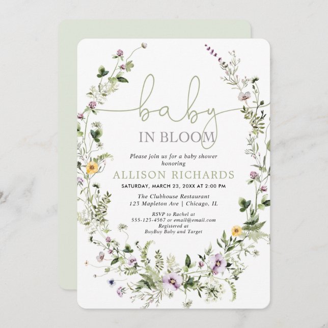 Convites Bebê no chá de fraldas romântico de flores silvest (Frente/Verso)