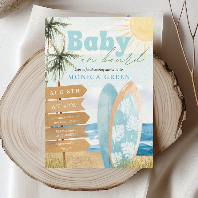 Convites Bebê no Chá de fraldas Surf de praia costeira do C (Baby on Board Surfing Surfboard Baby Shower Boy Pastel Colors Ocean Beach Coastal Aesthetic)