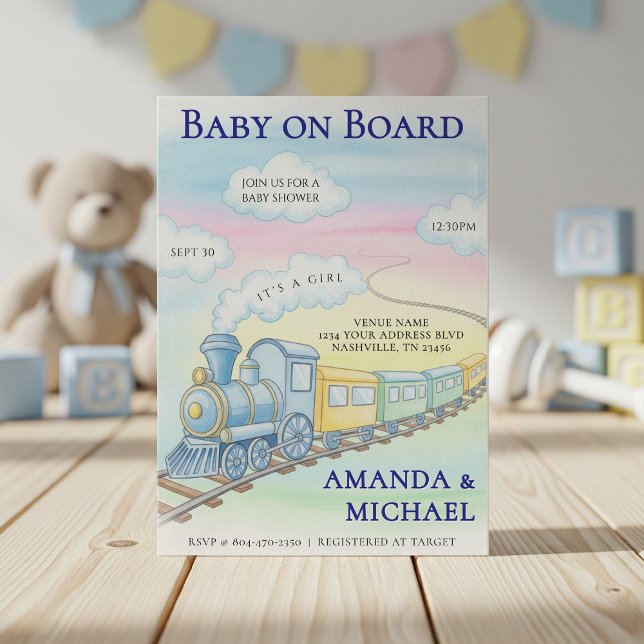 Convites Bebê no Conselho Chá de fraldas do comboio de aqua (Baby on Board Watercolor Train Baby Shower Invitation
)