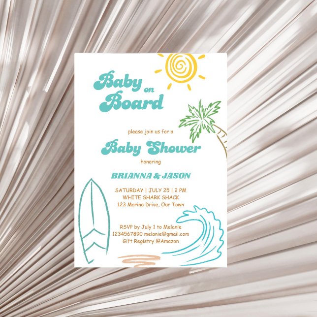Convites Bebê no conselho retro chá de fraldas de surfe (Baby on board retro doodle sketch summer surfing baby shower invitation template instant download)