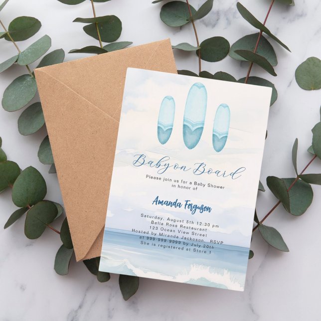 Convites Bebê no Conselho surfboard Chá de fraldas oceânico (Criador carregado)