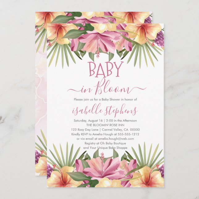 Convites Bebê no Sangue - Chá de fraldas Tropical Rosa Inv (Frente/Verso)