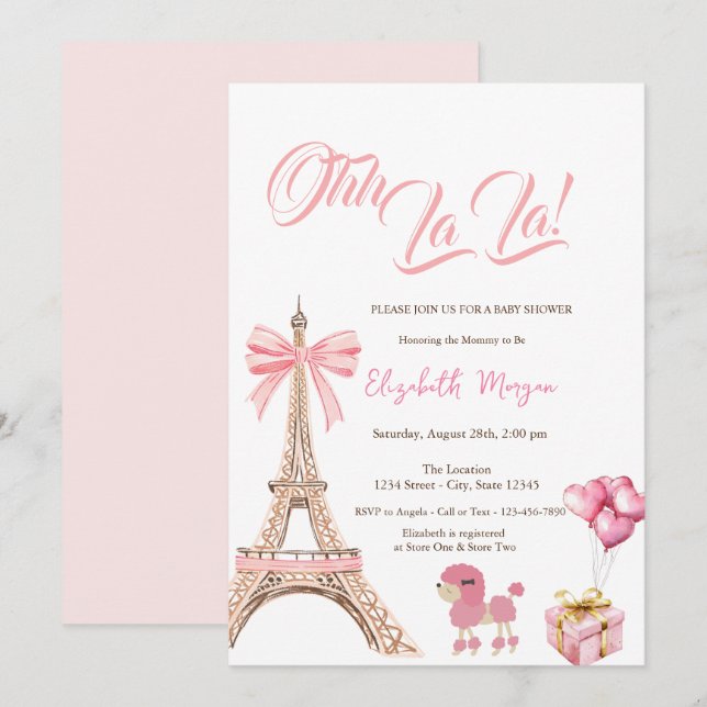 Convites Bebê Olá Torre Eiffel Laço Rosa Presente Poodle (Frente/Verso)