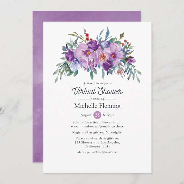Convites Bebê ou Chá de panela Virtual Floral Roxo (Frente/Verso)