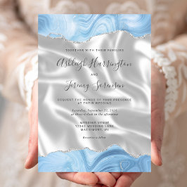 Convites Bebê Pastel Azul Prata Ágata Seda Branca Casamento