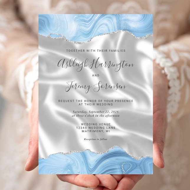 Convites Bebê Pastel Azul Prata Ágata Seda Branca Casamento (Criador carregado)