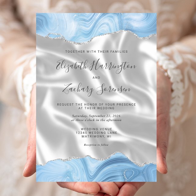 Convites Bebê Pastel Azul Prata Ágata Seda Branca Casamento (Criador carregado)
