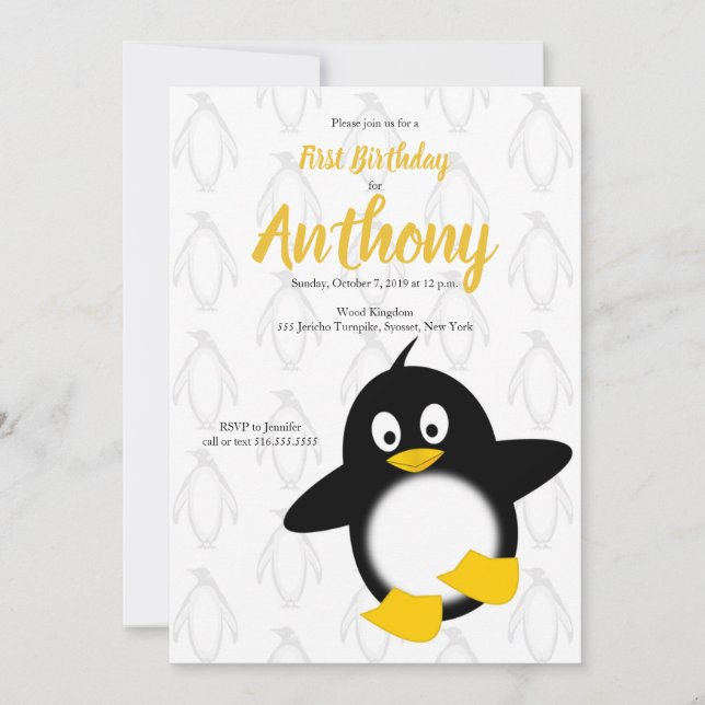Convites Bebê Pinguim Amarelo Negro Primeiro Aniversário (Frente)
