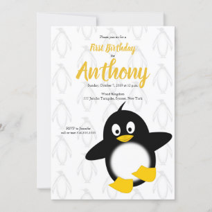 Convites Bebê Pinguim Amarelo Negro Primeiro Aniversário