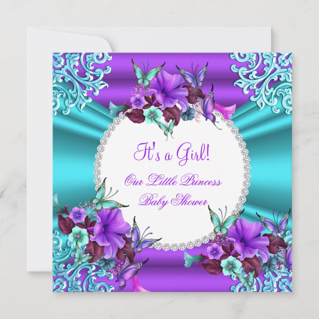 Convites Bebê Princesa Chuveiro Menina Azul Turquesa Floral (Frente)