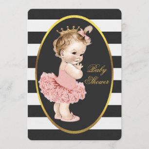 Convites Bebê Princesa em Tutu Black White Strips Dourado