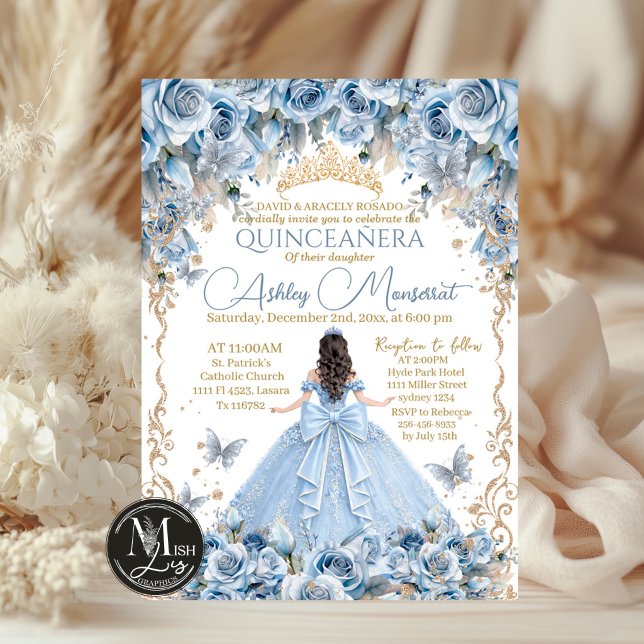 Convites Bebê Real Azul Coroa de Ouro Quinceañera (Criador carregado)