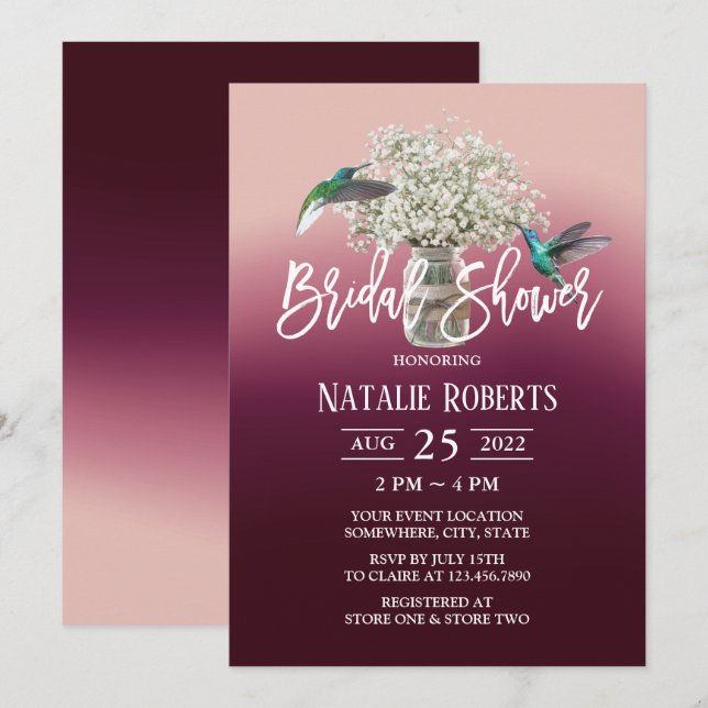 Convites Bebê Respira e Pássaros Adoráveis Vinho Chá de pan (Frente/Verso)