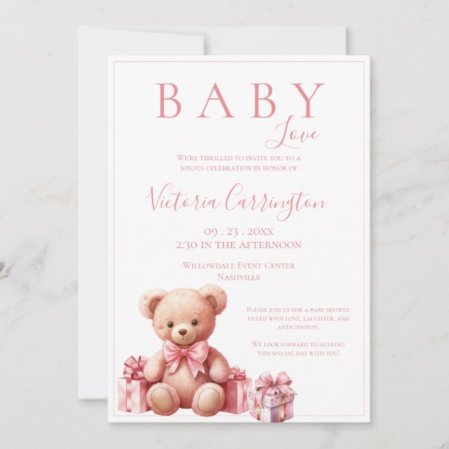 Convites Bebê Rosa Amor Chá de fraldas De Urso De Aquarela (Frente)