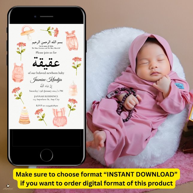 Convites Bebê rosa Aqiqah Aqeqa Muçulmana (Criador carregado)