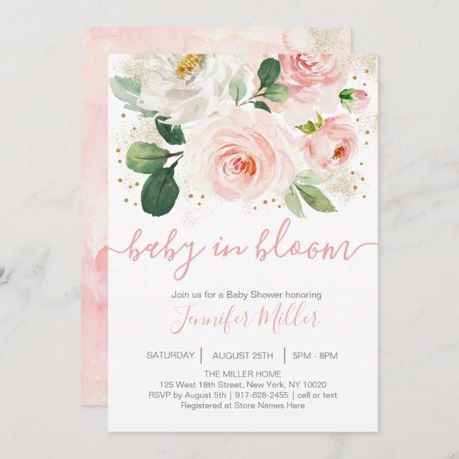 Convites Bebê Rosa Blush Floral Em Chá de fraldas De Sangue (Frente/Verso)