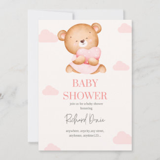 Convites bebê rosa elegante chá urso convidado