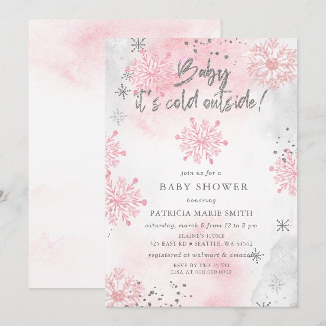 Convites Bebê Rosa Está Frio Lá Fora Chuveirinho de Inverno (Frente/Verso)