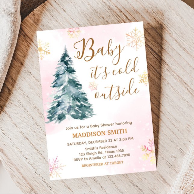 Convites Bebê Rosa Está Frio Lá Fora Chuveiro de Bebê (Pink Gold Winter Cold Outside Baby Shower Invitation)