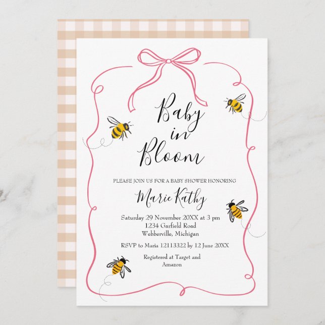 Convites Bebê rosa no Bloom Rustic Bee Daisy Invitation (Frente/Verso)