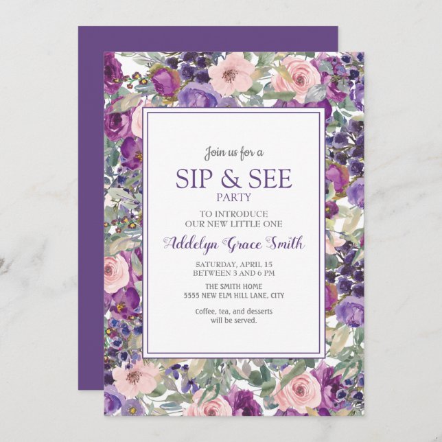 Convites Bebê Rosa Púrpura, Floral Sip Ver Chá (Frente/Verso)