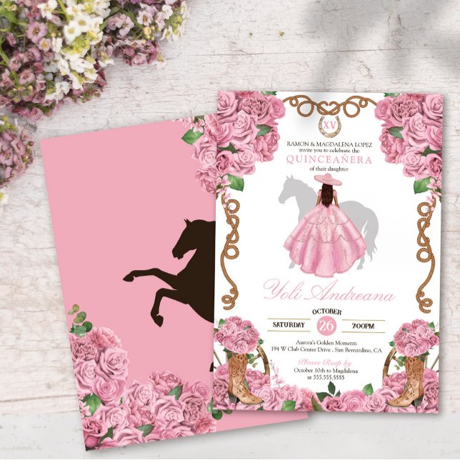 Convites Bebê Rosa Rosa Floral Ocidental Charra Quinceanera (Criador carregado)
