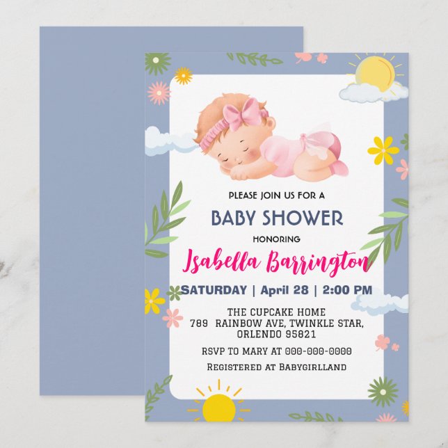 Convites Bebê rosa-rosa Menina de verão flores de verão cri (Frente/Verso)