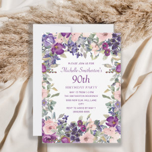 Convites Bebê Rosa Roxo Folhagem Floral 90º Aniversário