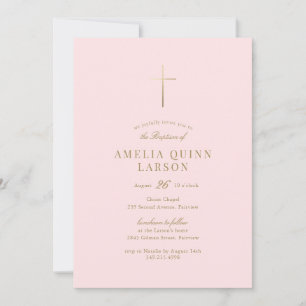 Convites Bebê Rosa Simples Elegante Dourado Batismo