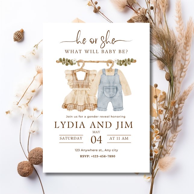 Convites Bebê Roupas Gênero Revelar Convite, Boho Baby (Criador carregado)