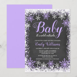 Convites Bebê seu chá de fraldas roxo da menina da neve