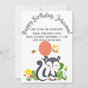 Convites Bebê Skunk, Borboleta e Flores Aniversário