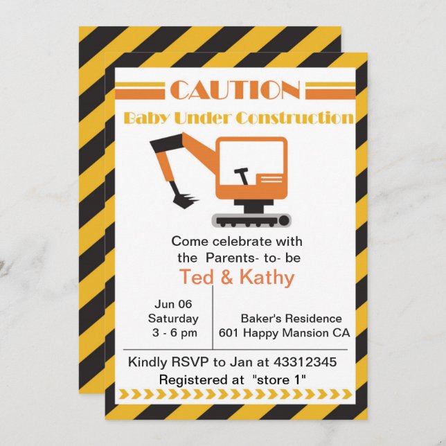 Convites Bebê sob Chá de fraldas de Construção (Frente/Verso)