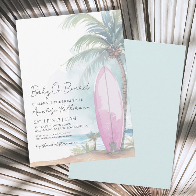 Convites Bebê surfboard de praia no Chá de fraldas de verão (Beach Surfboard Baby On Board Summer Baby Shower Invitation)