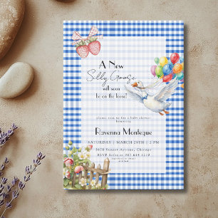 Convites Bebê Surpresa do Ganso Bobo Balões de Xadrez Azul