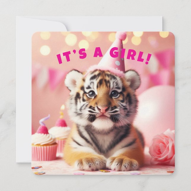 Convites Bebê Tigre Gelado Garota Reveladora Rosa (Frente)