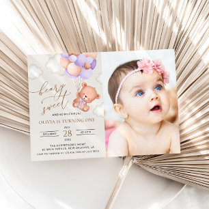 Convites Bebê Urso, Balões Roxos, Primeiro Aniversário