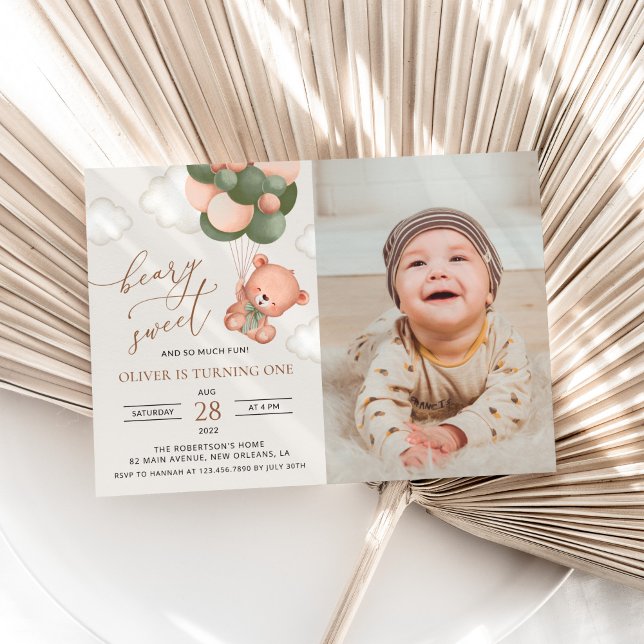 Convites Bebê Urso, Balões Verdes, Primeiro Aniversário (Criador carregado)
