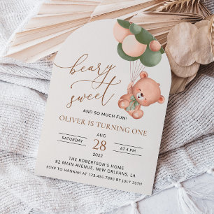 Convites Bebê Urso, Balões Verdes, Primeiro Aniversário