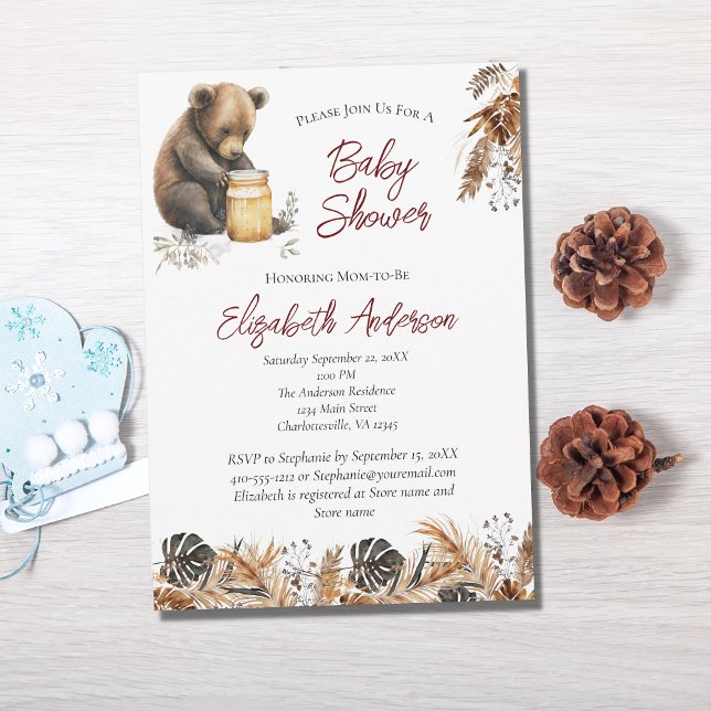 Convites Bebê Urso Boho Marrom Floral Churrasco de Bebê  (Criador carregado)