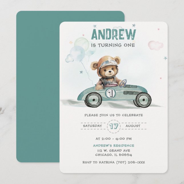 Convites Bebê Urso de Carro de Corrida Aniversário de 1 Ano (Frente/Verso)
