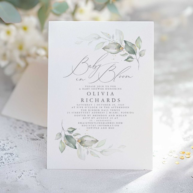 Convites Bebê verde elegante em Chá de fraldas de Sangue (Greenery and Gold Baby Shower Invitation)