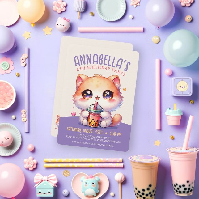 Convites Bebendo de gato Boba Cute Bubble Chá Festa de aniv (Criador carregado)