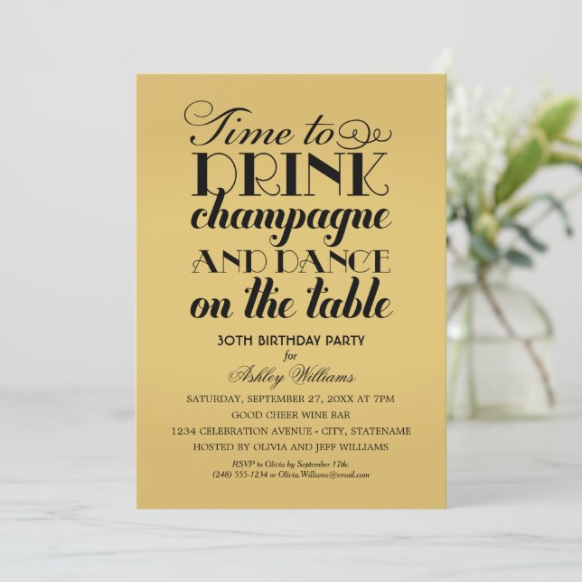 Convites Beber Champanhe Dançar Aniversário Dourado (Em pé/Frente)