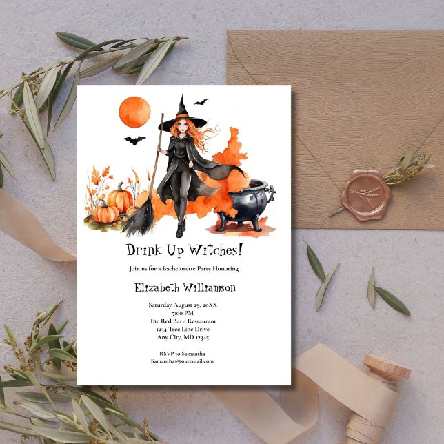 Convites Beber Festa de solteira de Bruxas (Drink Up Witches Black Orange Bachelorette Party Invitation)