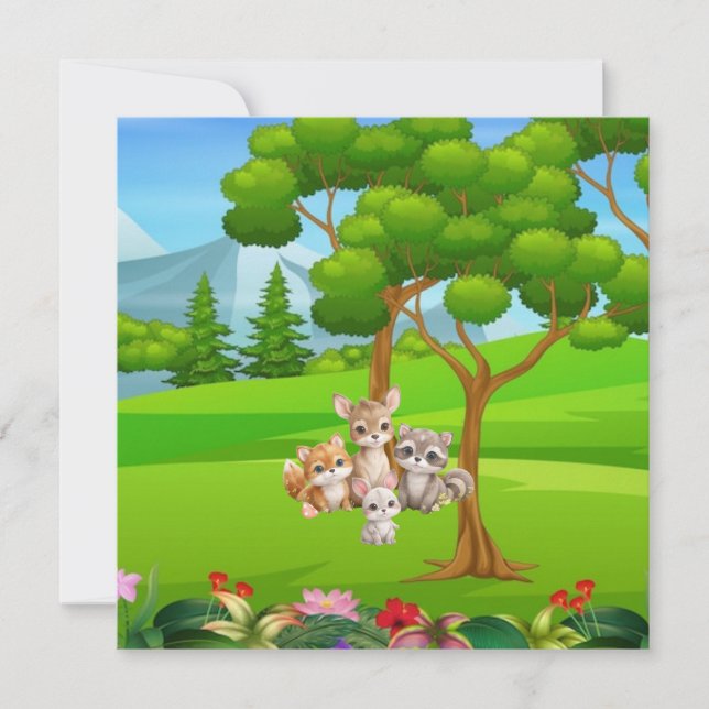 Convites Bebês Animais da Floresta Babete — Amigos da Flore (Frente)