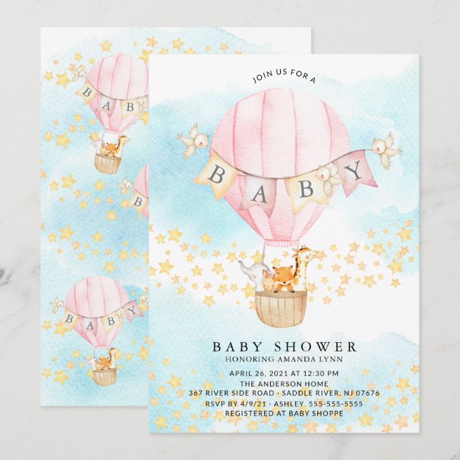 Convites Bebês Animais de Ar Quente Balão Bebê Chá (Frente/Verso)