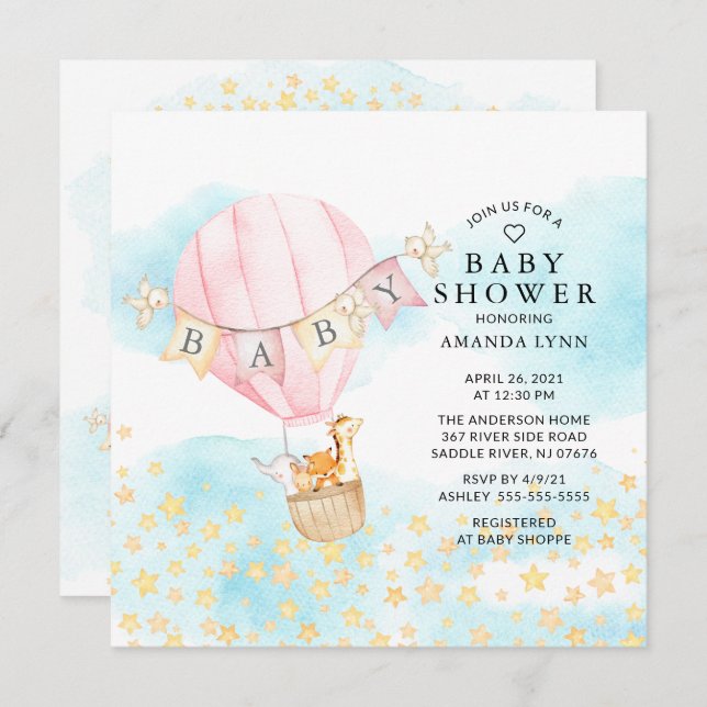 Convites Bebês Animais de Ar Quente Chá de fraldas de Rapar (Frente/Verso)