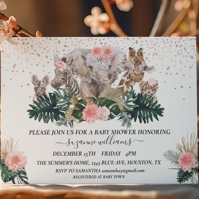 Convites Bebês Animais Safari Chuveiro da Selva Rosa  (Criador carregado)